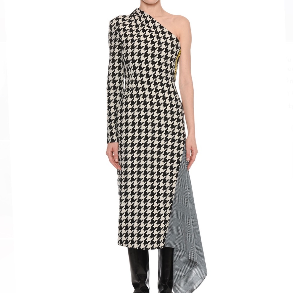 OFF-WHITE Black & White Multi Houndstooth One Shoulder Dress
